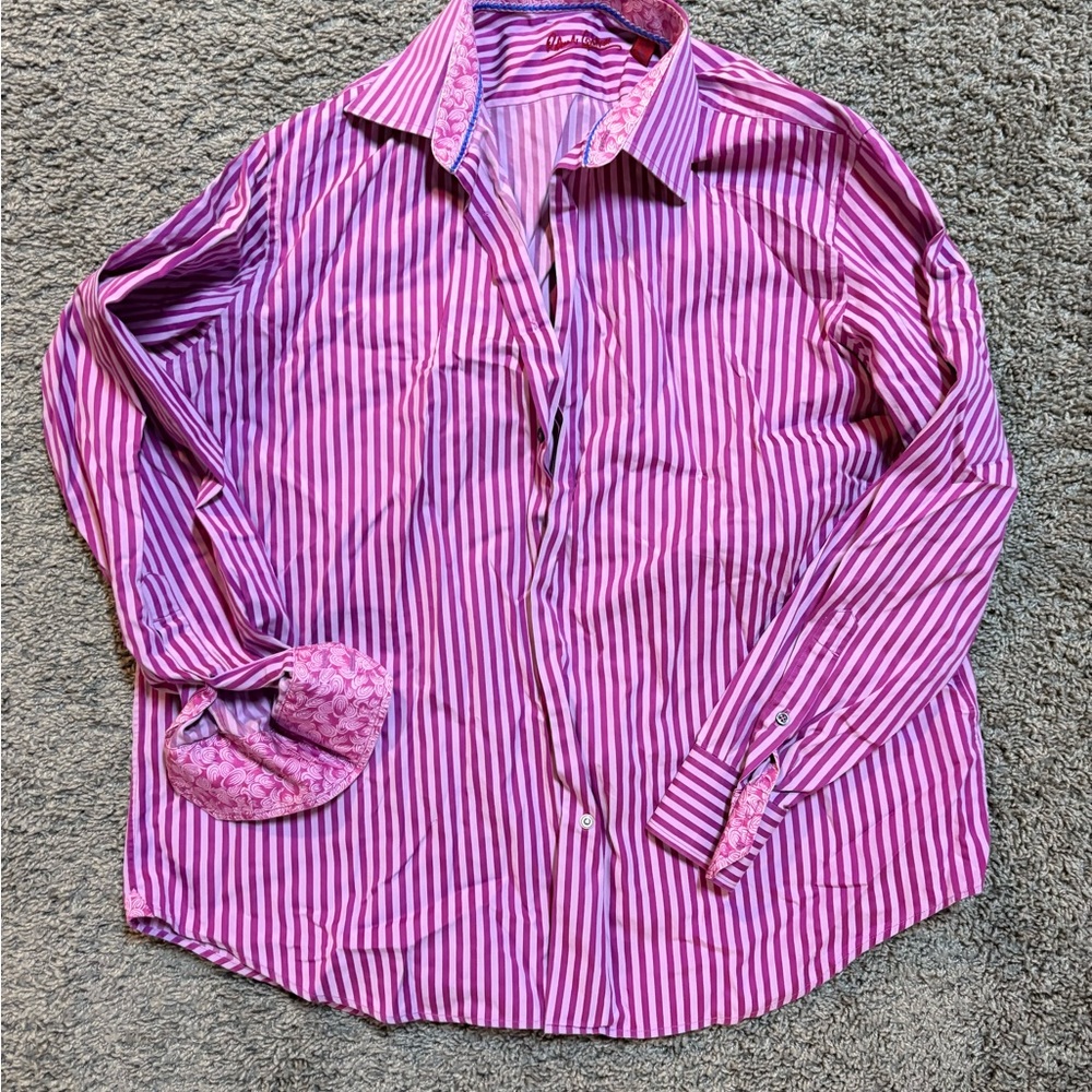 Men’s Robert Graham Pink and Purple Striped Button-Up Shirt, XL